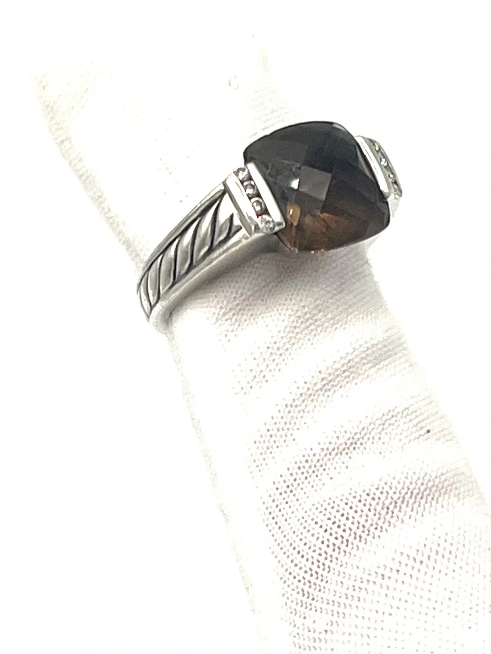 David Yurman Smoky Quartz Cushion-Cut with Diamond Sterling Silver Ring - size 6